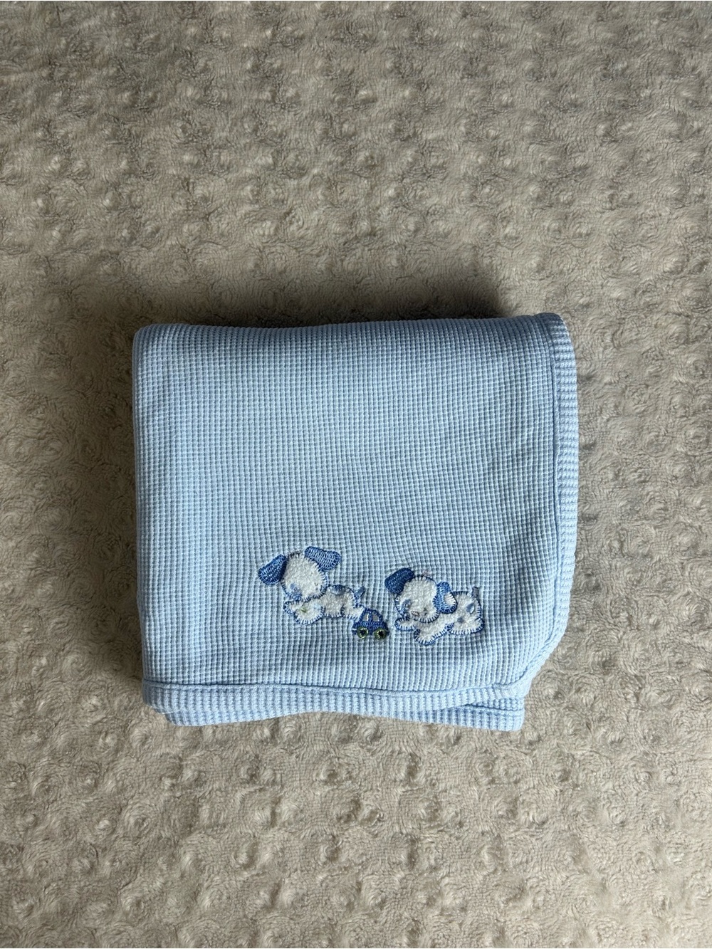 Just Born Blue Puppy Dog Baby Blanket Thermal Waffle Weave Car White Cotton